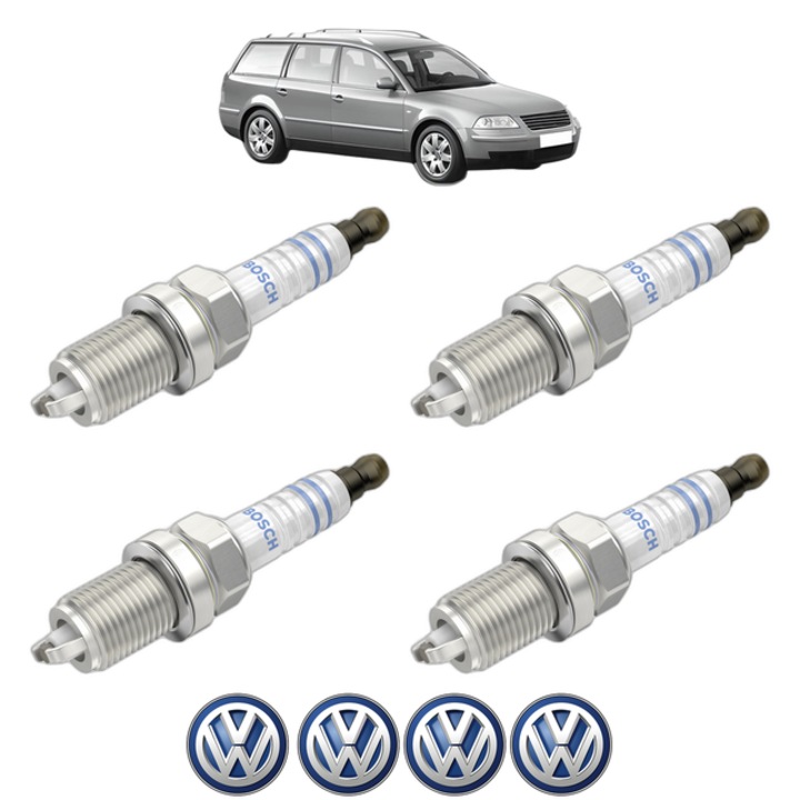 Set 4 Bujii Scanteie Volkswagen PASSAT B5.5 Variant (3B6) 2.0 130 CP din 2001 - 2005, bujie motor, Bosch, 4x Stickere auto cu Volkswagen