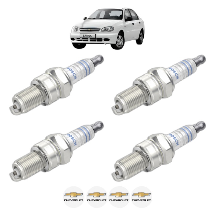 Set 4 Bujii Scanteie CHEVROLET LANOS Saloon 1.5 87 CP din 2005 - 2018, bujie motor, Bosch, 4x Stickere auto cu CHEVROLET