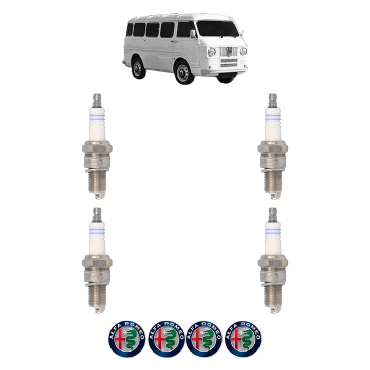Set 4 Bujii Scanteie ALFA ROMEO F11 / F12 Bus 1.3 52 CP din 1967 - 1983, bujie motor, Bosch, 4x Stickere auto cu ALFA ROMEO