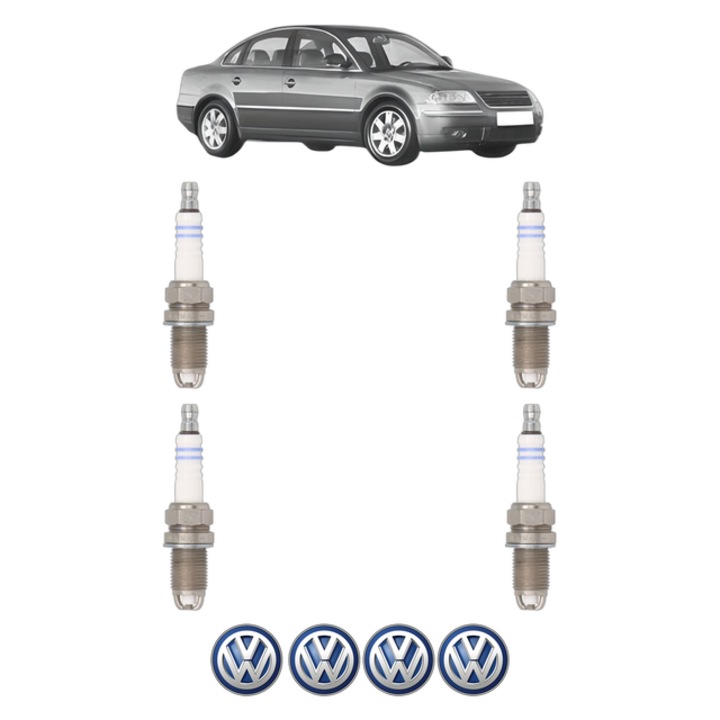 Set 4 Bujii Scanteie Volkswagen PASSAT B5.5 (3B3) 2.0 130 CP din 2001 - 2005, bujie motor, Bosch, 4x Stickere auto cu Volkswagen