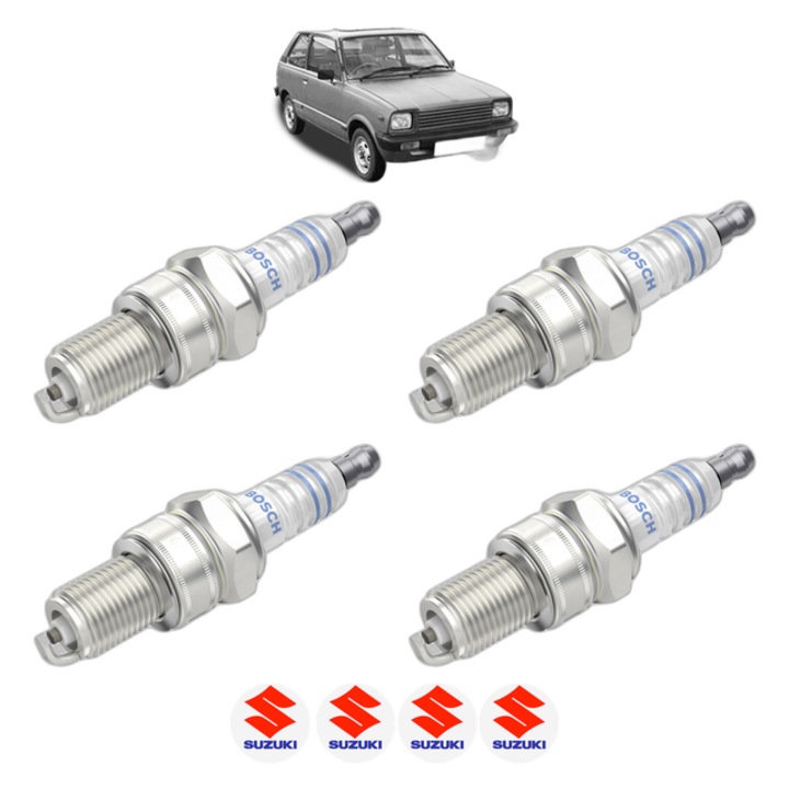Set 4 Bujii Scanteie SUZUKI ALTO II 0.8 (SB308/CA) 39 CP din 1986 - 1988, bujie motor, Bosch, 4x Stickere auto cu SUZUKI