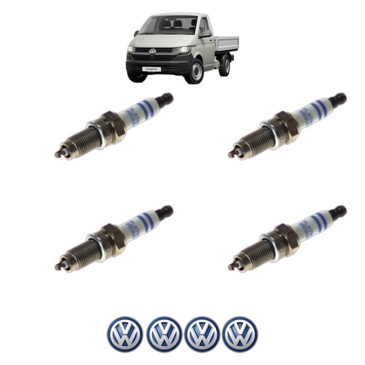 Set 4 Bujii Scanteie Volkswagen TRANSPORTER T5 Platform/Chassis (7JD, 7JE, 7JL, 7JY, 7JZ, 7F VR6 3.2 4motion 235 CP din 2003 - 2009, bujie motor, Bosch, 4x Stickere auto cu Volkswagen