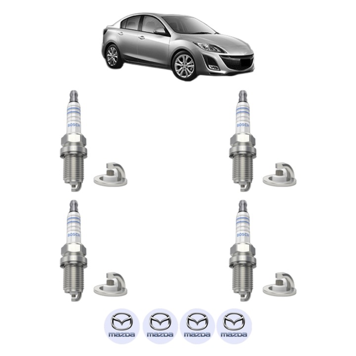Set 4 Bujii Scanteie MAZDA 3 Saloon (BL) 1.6 MZR (BL12) 105 CP din 2008 - 2014, bujie motor, Bosch, 4x Stickere auto cu MAZDA