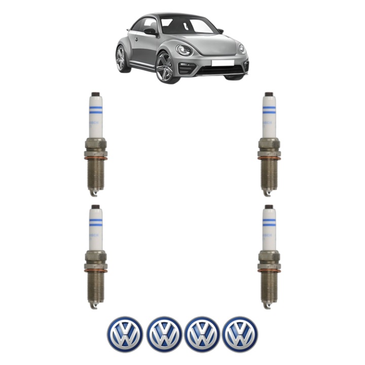 Set 4 Bujii Scanteie Volkswagen BEETLE (5C1, 5C2) 2.0 TSI 220 CP din 2014 - 2018, bujie motor, Bosch, 4x Stickere auto cu Volkswagen