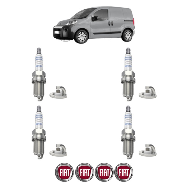 Set 4 Bujii Scanteie FIAT FIORINO Box Body/MPV (225_) 1.4 (225BXA1A, 225BXF1A) 73 CP din 2007, bujie motor, Bosch, 4x Stickere auto cu FIAT