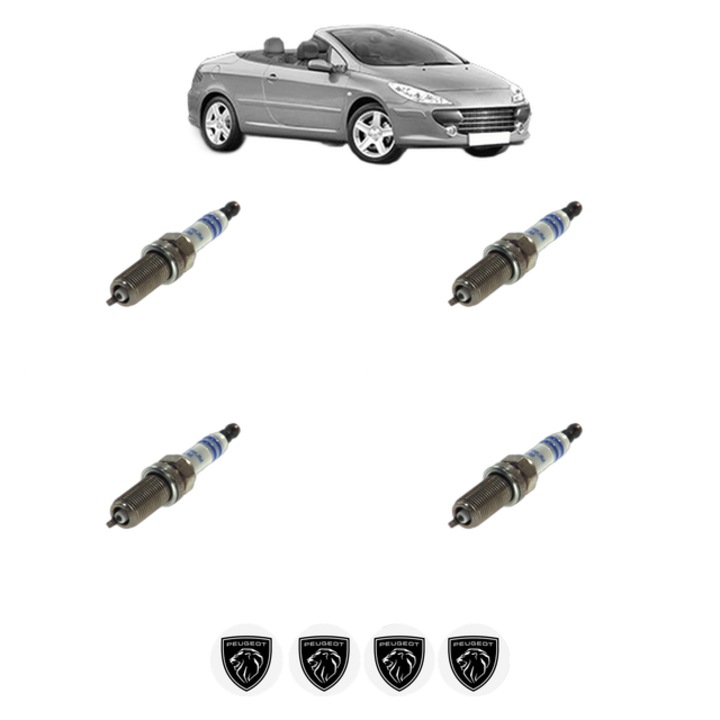 Set 4 Bujii Scanteie PEUGEOT 307 CC (3B) 2.0 16V 140 CP din 2004 - 2009, bujie motor, Bosch, 4x Stickere auto cu PEUGEOT