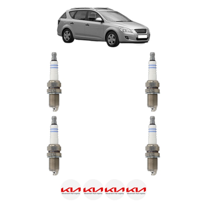 Set 4 Bujii Scanteie KIA CEE'D SW (ED) 2 143 CP din 2007 - 2012, bujie motor, Bosch, 4x Stickere auto cu KIA