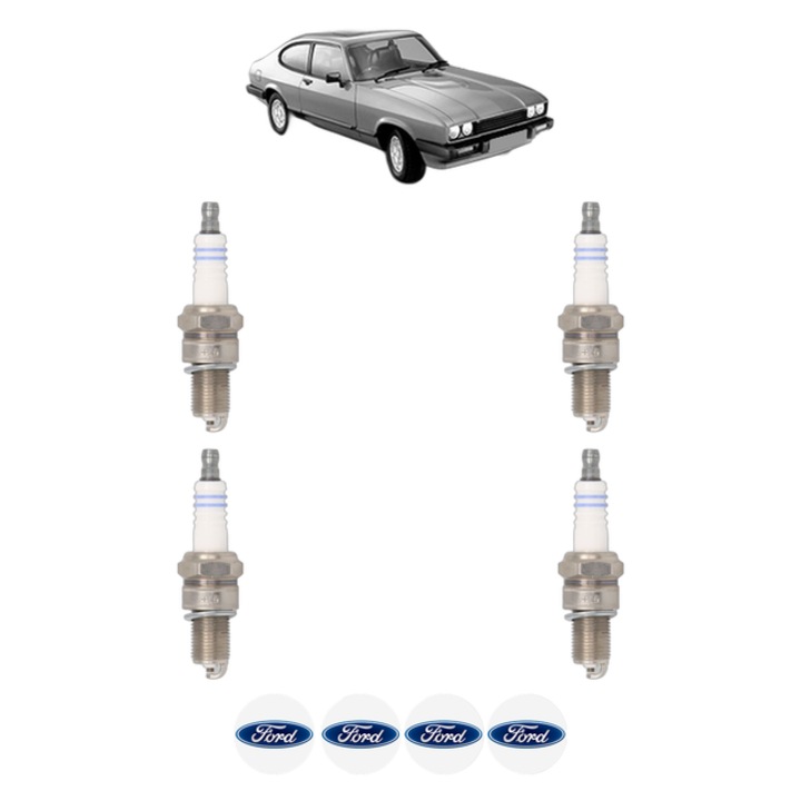 Set 4 Bujii Scanteie FORD CAPRI III (GECP) 2.3 Super 114 CP din 1979 - 1985, bujie motor, Bosch, 4x Stickere auto cu FORD