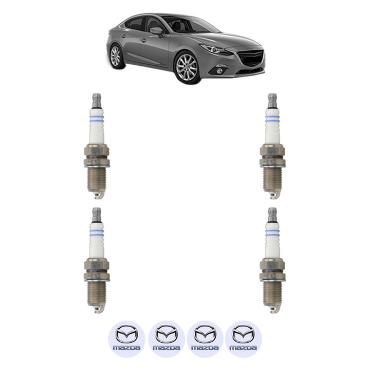 Set 4 Bujii Scanteie MAZDA 3 Saloon (BM_, BN_) 1.6 (BM6FJ) 105 CP din 2013 - 2019, bujie motor, Bosch, 4x Stickere auto cu MAZDA