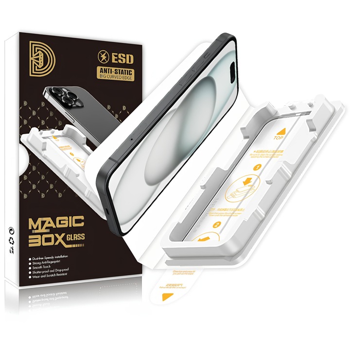 Folie Sticla pentru iPhone 16 Plus, Siena® Magic Box, Aplicare rapida, Rezistenta 9H, Tratament oleofob, Margini negre, Kit instalare