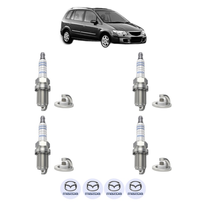 Set 4 Bujii Scanteie MAZDA PREMACY (CP) 1.9 (CP10P) 114 CP din 1999 - 2005, bujie motor, Bosch, 4x Stickere auto cu MAZDA