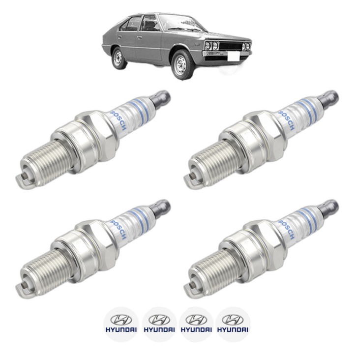 Set 4 Bujii Scanteie HYUNDAI PONY 1.4 68 CP din 1977 - 1985, bujie motor, Bosch, 4x Stickere auto cu HYUNDAI