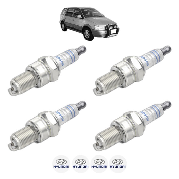 Set 4 Bujii Scanteie HYUNDAI SANTAMO 2.0 105 CP din 1998 - 2002, bujie motor, Bosch, 4x Stickere auto cu HYUNDAI
