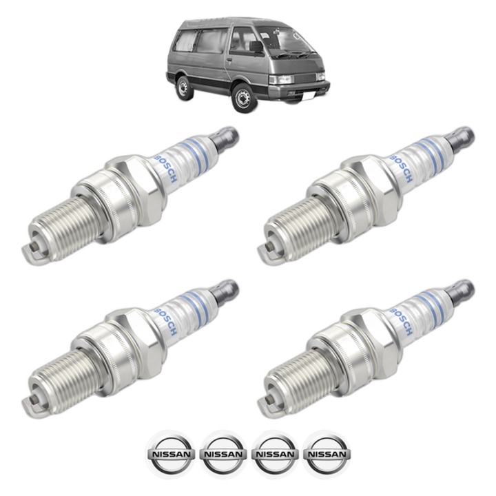 Set 4 Bujii Scanteie NISSAN VANETTE Bus (C22) 2.4 i (SLC22) 101 CP din 1986 - 1995, bujie motor, Bosch, 4x Stickere auto cu NISSAN