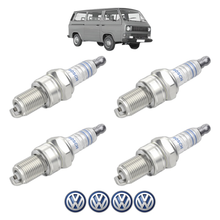 Set 4 Bujii Scanteie Volkswagen TRANSPORTER T3 Bus (25_) 2.1 112 CP din 1984 - 1992, bujie motor, Bosch, 4x Stickere auto cu Volkswagen
