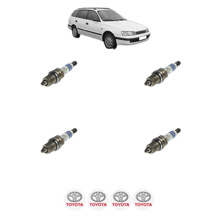 Set 4 Bujii Scanteie TOYOTA CARINA E VI Sportswagon (_T19_) 1.8 i (AT191_, AT191R) 107 CP din 1995 - 1997, bujie motor, Bosch, 4x Stickere auto cu TOYOTA
