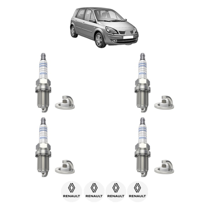Set 4 Bujii Scanteie RENAULT SCENIC III (JZ0/1_) 1.6 E85 (JZ03, JZ1Y) 110 CP din 2009 - 2016, bujie motor, Bosch, 4x Stickere auto cu RENAULT