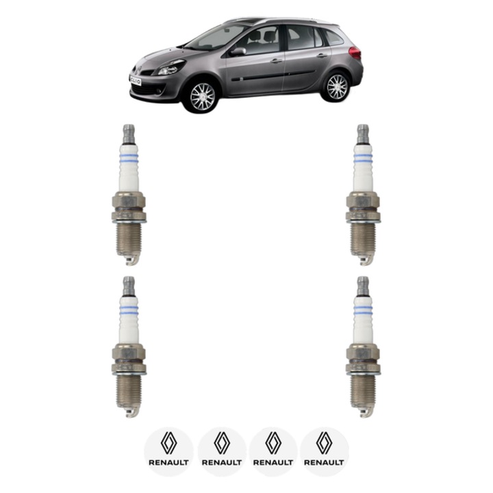 Set 4 Bujii Scanteie RENAULT CLIO III Grandtour (KR0/1_) 1.4 16V 98 CP din 2007 - 2012, bujie motor, Bosch, 4x Stickere auto cu RENAULT