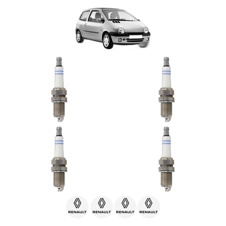 Set 4 Bujii Scanteie RENAULT TWINGO I (C06_) 1.2 (C066, C068) 58 CP din 1996 - 2007, bujie motor, Bosch, 4x Stickere auto cu RENAULT