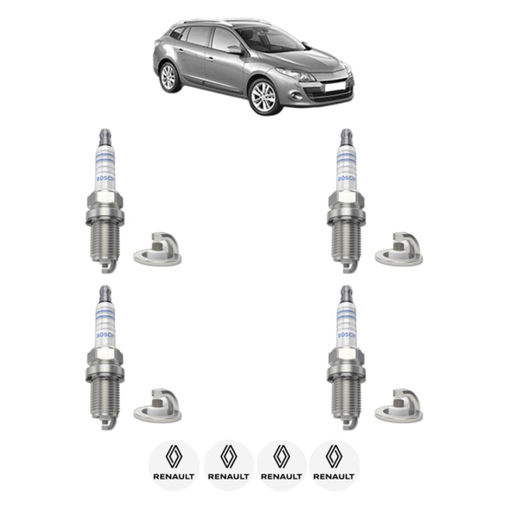 Set 4 Bujii Scanteie RENAULT MEGANE III Grandtour (KZ0/1) 1.6 16V (KZ0H) 101 CP din 2009 - 2015, bujie motor, Bosch, 4x Stickere auto cu RENAULT