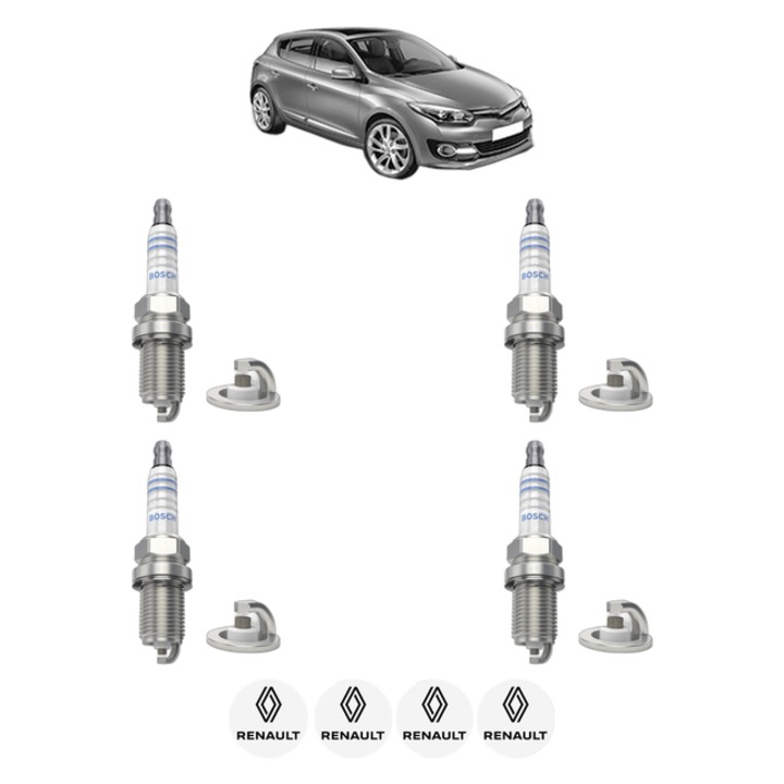 Set 4 Bujii Scanteie RENAULT MEGANE III Hatchback (BZ0/1_, B3_) 1.6 16V (BZ1B, BZ1H) 110 CP din 2008 - 2017, bujie motor, Bosch, 4x Stickere auto cu RENAULT