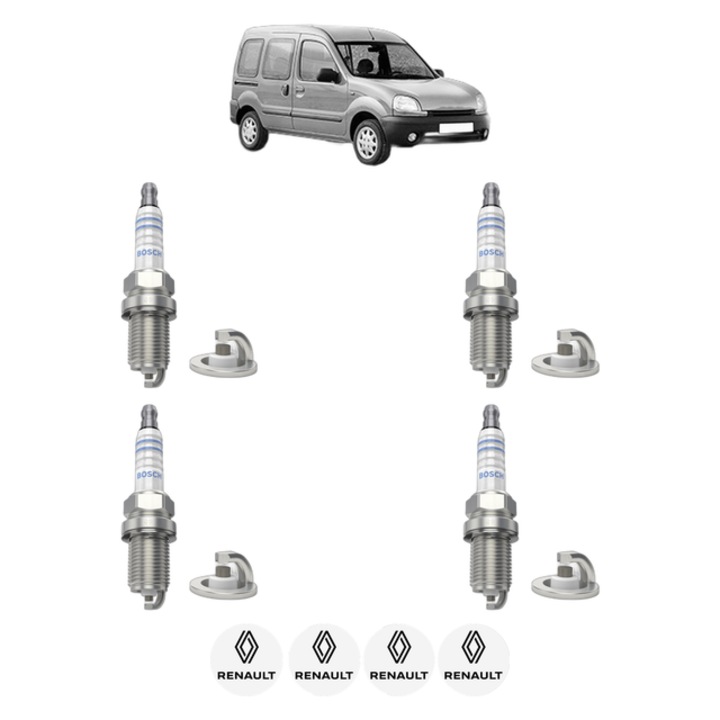 Set 4 Bujii Scanteie RENAULT KANGOO (KC0/1_) 1.6 16V bivalent 82 CP din 2005, bujie motor, Bosch, 4x Stickere auto cu RENAULT