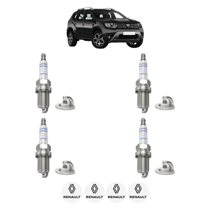 Set 4 Bujii Scanteie RENAULT DUSTER (HM_) 2.0 4x4 (HMMS) 143 CP din 2021 - 2024, bujie motor, Bosch, 4x Stickere auto cu RENAULT