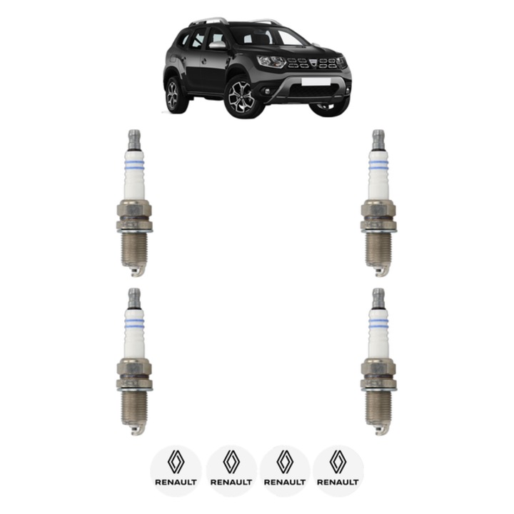 Set 4 Bujii Scanteie RENAULT DUSTER (HM_) 2.0 4x4 (HMMS) 143 CP din 2021 - 2024, bujie motor, Bosch, 4x Stickere auto cu RENAULT