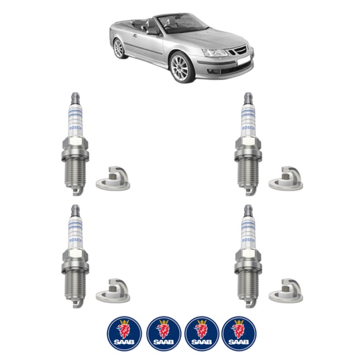 Set 4 Bujii Scanteie SAAB 9-3 Convertible (YS3F) 1.8 i 122 CP din 2004 - 2015, bujie motor, Bosch, 4x Stickere auto cu SAAB