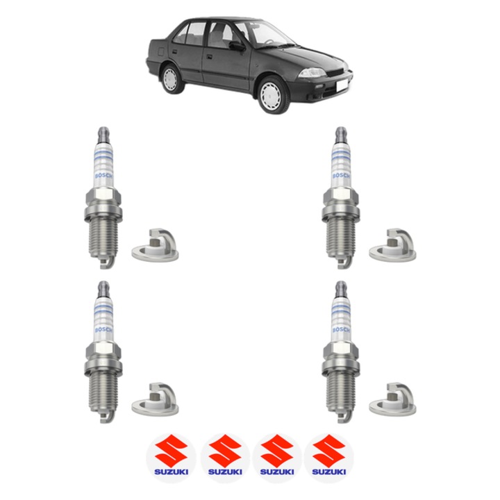 Set 4 Bujii Scanteie SUZUKI SWIFT II Saloon (AH, AJ) 1.6 (SF416, AH14) 95 CP din 1989 - 1991, bujie motor, Bosch, 4x Stickere auto cu SUZUKI