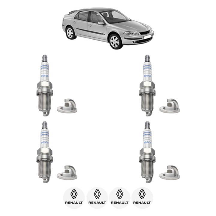 Set 4 Bujii Scanteie RENAULT LAGUNA II (BG0/1_) 2.0 16V (BG00, BG0W, BG0K, BG0P) 133 CP din 2002 - 2006, bujie motor, Bosch, 4x Stickere auto cu RENAULT
