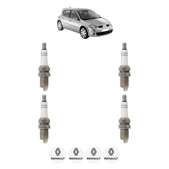 Set 4 Bujii Scanteie RENAULT MEGANE II (BM0/1_, CM0/1_) 1.6 16V (BM0C, CM0C) 113 CP din 2002 - 2008, bujie motor, Bosch, 4x Stickere auto cu RENAULT