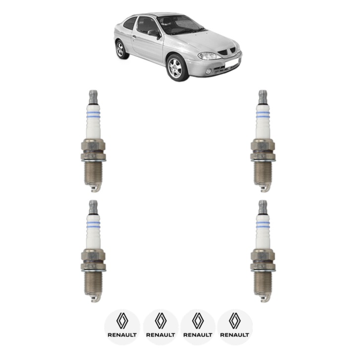 Set 4 Bujii Scanteie RENAULT MEGANE I Coach (DA0/1_) 1.4 16V (DA0D, DA1H, DA0W, DA10) 95 CP din 1999 - 2003, bujie motor, Bosch, 4x Stickere auto cu RENAULT