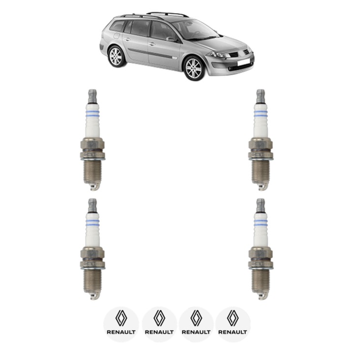 Set 4 Bujii Scanteie RENAULT MEGANE II Estate (KM0/1_) 2.0 (KM0S, KM2N, KM23) 138 CP din 2006 - 2011, bujie motor, Bosch, 4x Stickere auto cu RENAULT
