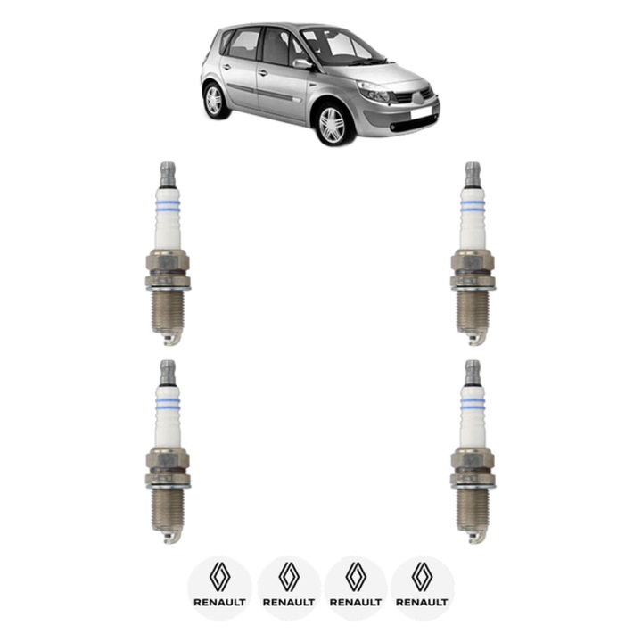 Set 4 Bujii Scanteie RENAULT SCENIC II (JM0/1_) 1.6 16V (JM1R, JM1B, JM2Y) 112 CP din 2005 - 2008, bujie motor, Bosch, 4x Stickere auto cu RENAULT