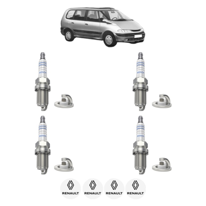 Set 4 Bujii Scanteie RENAULT ESPACE III (JE0_) 3.0 (JE0D) 167 CP din 1996 - 1998, bujie motor, Bosch, 4x Stickere auto cu RENAULT