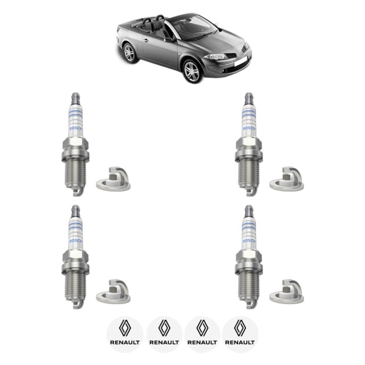 Set 4 Bujii Scanteie RENAULT MEGANE II Coupé-Cabriolet (EM0/1_) 1.6 16V 112 CP din 2006 - 2008, bujie motor, Bosch, 4x Stickere auto cu RENAULT