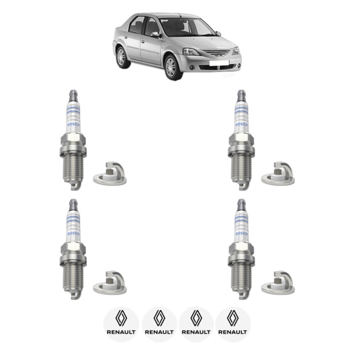Set 4 Bujii Scanteie RENAULT LOGAN I (LS_) 1.6 (LS0L, LS09, LS0V, LS0P, LS18, LS1S, LS1V, LS1Y,... 105 CP din 2007 - 2013, bujie motor, Bosch, 4x Stickere auto cu RENAULT