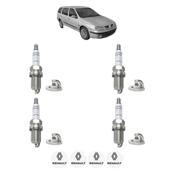 Set 4 Bujii Scanteie RENAULT Megane I Kombi van (KA_) 1.6 (KA0B, KA04) 107 CP din 2001 - 2003, bujie motor, Bosch, 4x Stickere auto cu RENAULT