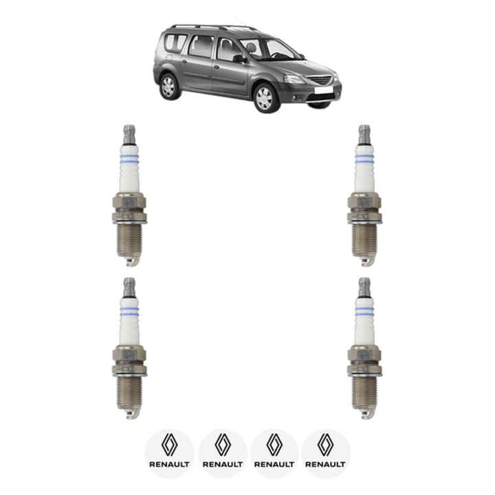 Set 4 Bujii Scanteie RENAULT LOGAN I Estate (KS_) 1.6 (KS0L, KS0M, KS0P, KS1S) 105 CP din 2007, bujie motor, Bosch, 4x Stickere auto cu RENAULT