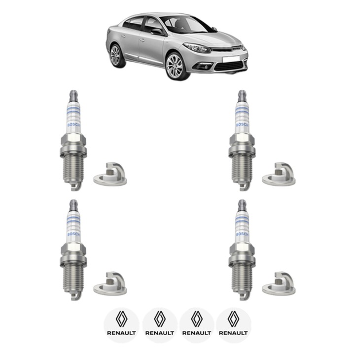 Set 4 Bujii Scanteie RENAULT FLUENCE (L3_) 1.6 16V (L301, L30F, L30P, L30R) 110 CP din 2010, bujie motor, Bosch, 4x Stickere auto cu RENAULT