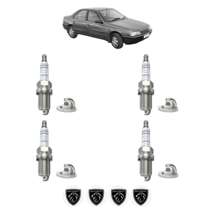 Set 4 Bujii Scanteie PEUGEOT 405 II (4B) 1.6 88 CP din 1992 - 1995, bujie motor, Bosch, 4x Stickere auto cu PEUGEOT