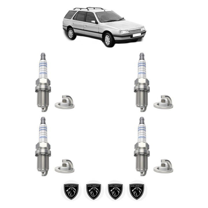 Set 4 Bujii Scanteie PEUGEOT 405 I Break (15E) 1.6 88 CP din 1988 - 1992, bujie motor, Bosch, 4x Stickere auto cu PEUGEOT