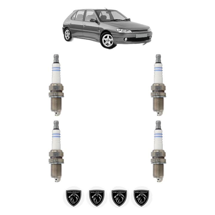 Set 4 Bujii Scanteie PEUGEOT 306 Hatchback (7A, 7C, N3, N5) 1.6 98 CP din 2000 - 2001, bujie motor, Bosch, 4x Stickere auto cu PEUGEOT