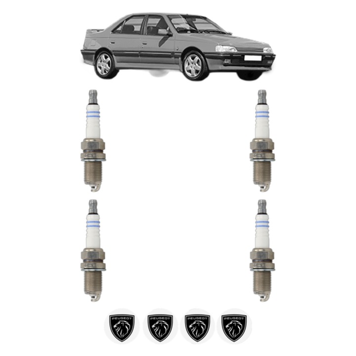 Set 4 Bujii Scanteie PEUGEOT 405 I (15B) 1.6 88 CP din 1987 - 1992, bujie motor, Bosch, 4x Stickere auto cu PEUGEOT