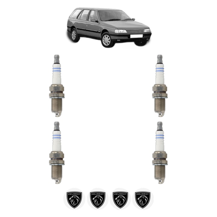 Set 4 Bujii Scanteie PEUGEOT 405 II Break (4E) 1.6 88 CP din 1992 - 1996, bujie motor, Bosch, 4x Stickere auto cu PEUGEOT