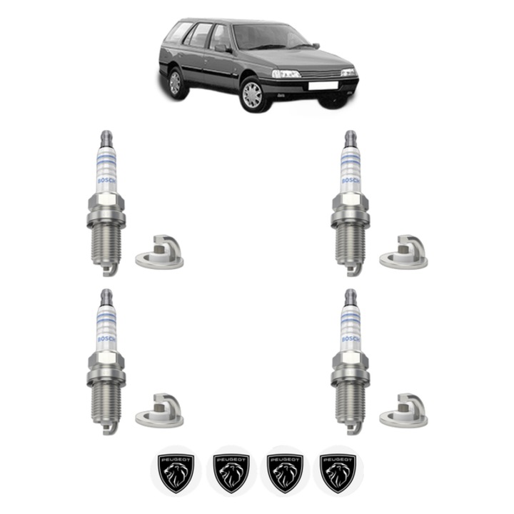 Set 4 Bujii Scanteie PEUGEOT 405 II Break (4E) 1.6 88 CP din 1992 - 1996, bujie motor, Bosch, 4x Stickere auto cu PEUGEOT