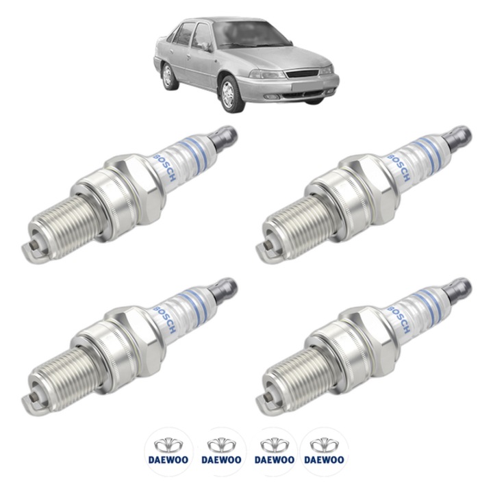 Set 4 Bujii Scanteie DAEWOO CIELO 1.5 80 CP din 1995 - 2000, bujie motor, Bosch, 4x Stickere auto cu DAEWOO