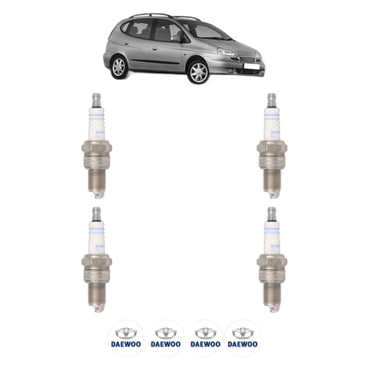 Set 4 Bujii Scanteie DAEWOO TACUMA / REZZO (U100) 1.8 101 CP din 2000, bujie motor, Bosch, 4x Stickere auto cu DAEWOO