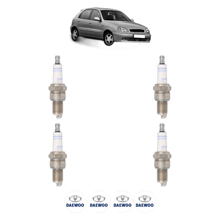 Set 4 Bujii Scanteie DAEWOO LANOS (KLAT) 1.5 86 CP din 1997, bujie motor, Bosch, 4x Stickere auto cu DAEWOO